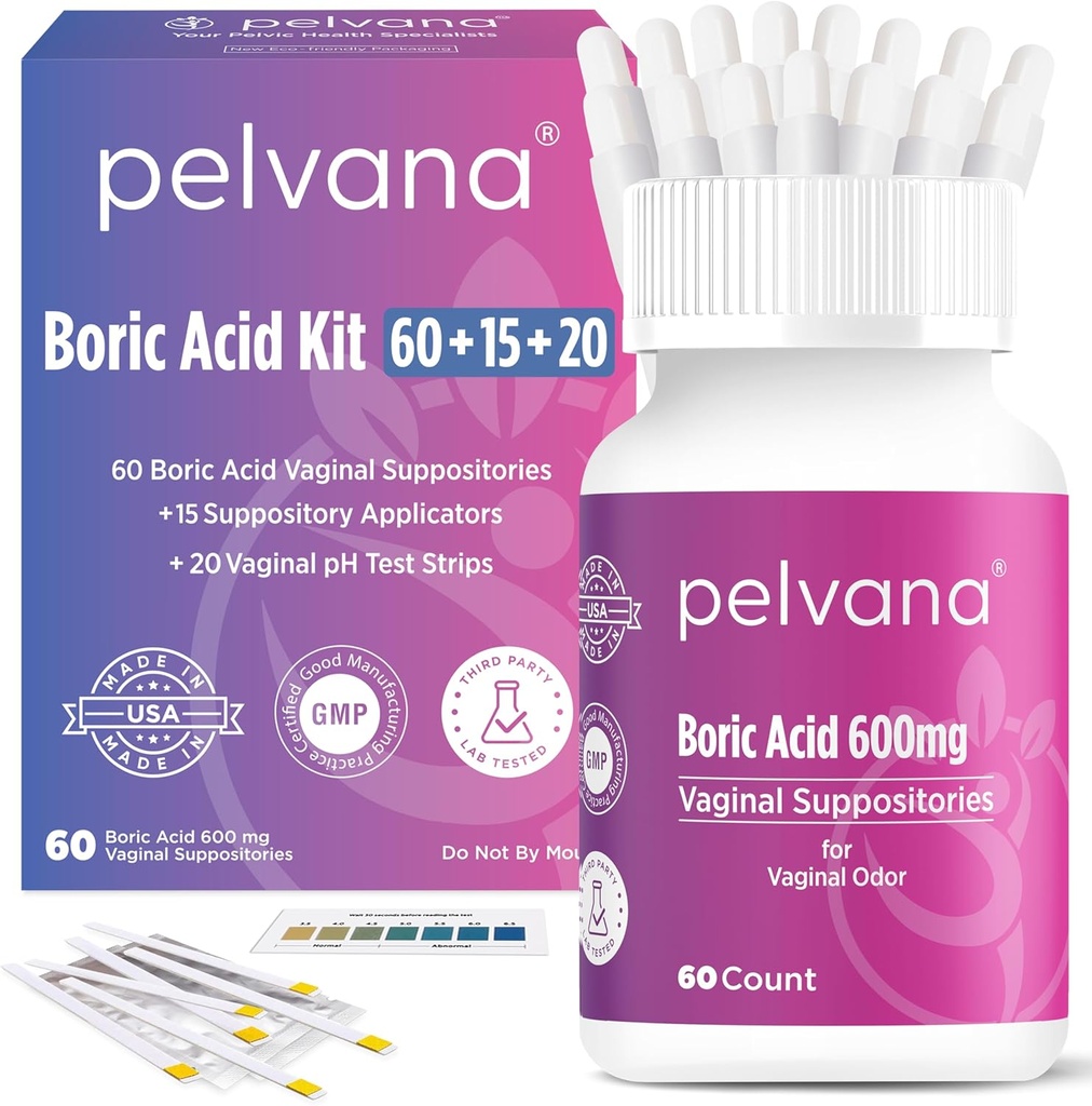 여성을 위한 Pelvana 붕산 좌약 60 + 15 도포구 + 20 PH 시험 지구 = 질 냄새를 위한 95 조각 장비 - 제 3 부 실험실 시험되고 미국에서 만드는