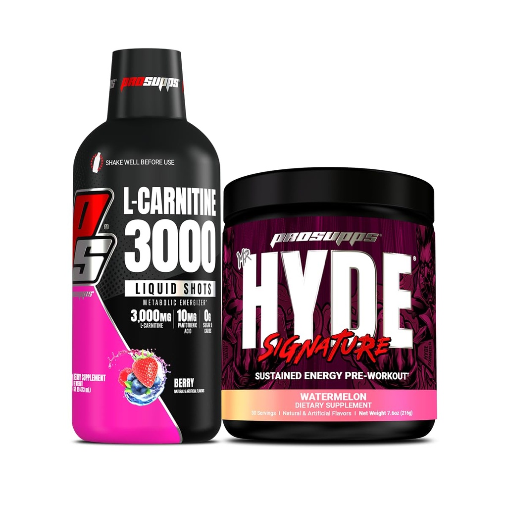 PROSUPPS L-Carnitine 3000 자극제 자유로운 액체 탄 (31의 서빙, 베리)와 Mr. Hyde 서명 시리즈 전 운동 에너지에 의하여 분말되는 음료 (30의 서빙, 수박) 뭉치