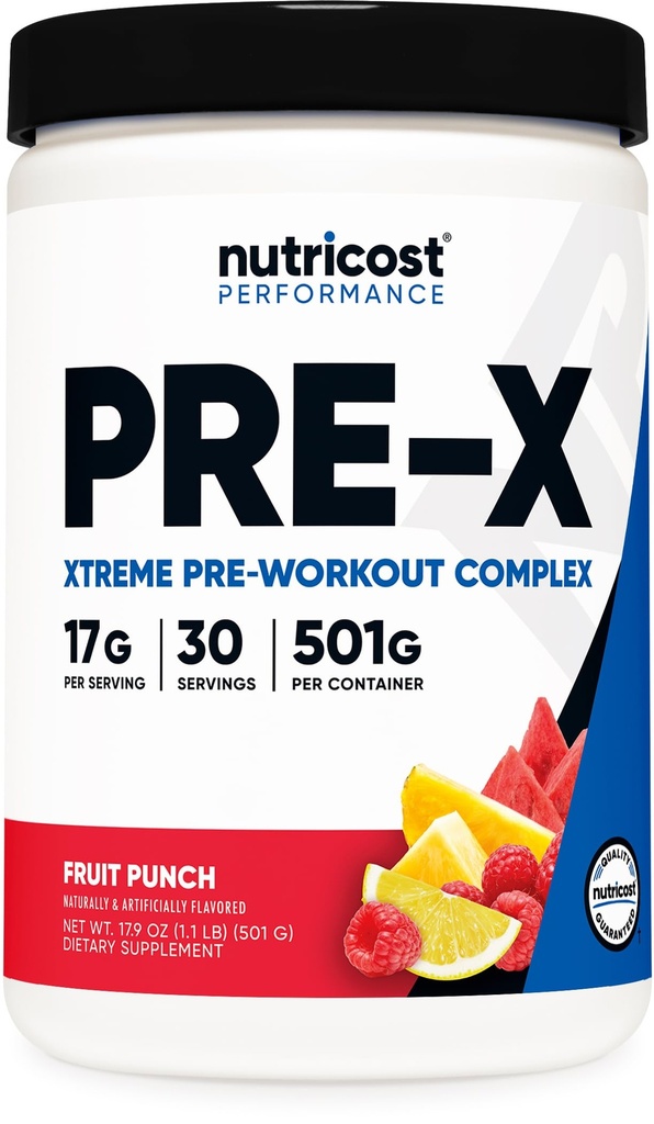 Nutricost Pre-X Xtreme Pre-Workout Complex Powder, 과일 펀치, 30 서빙, 채식, 비 GMO 및 글루텐 무료