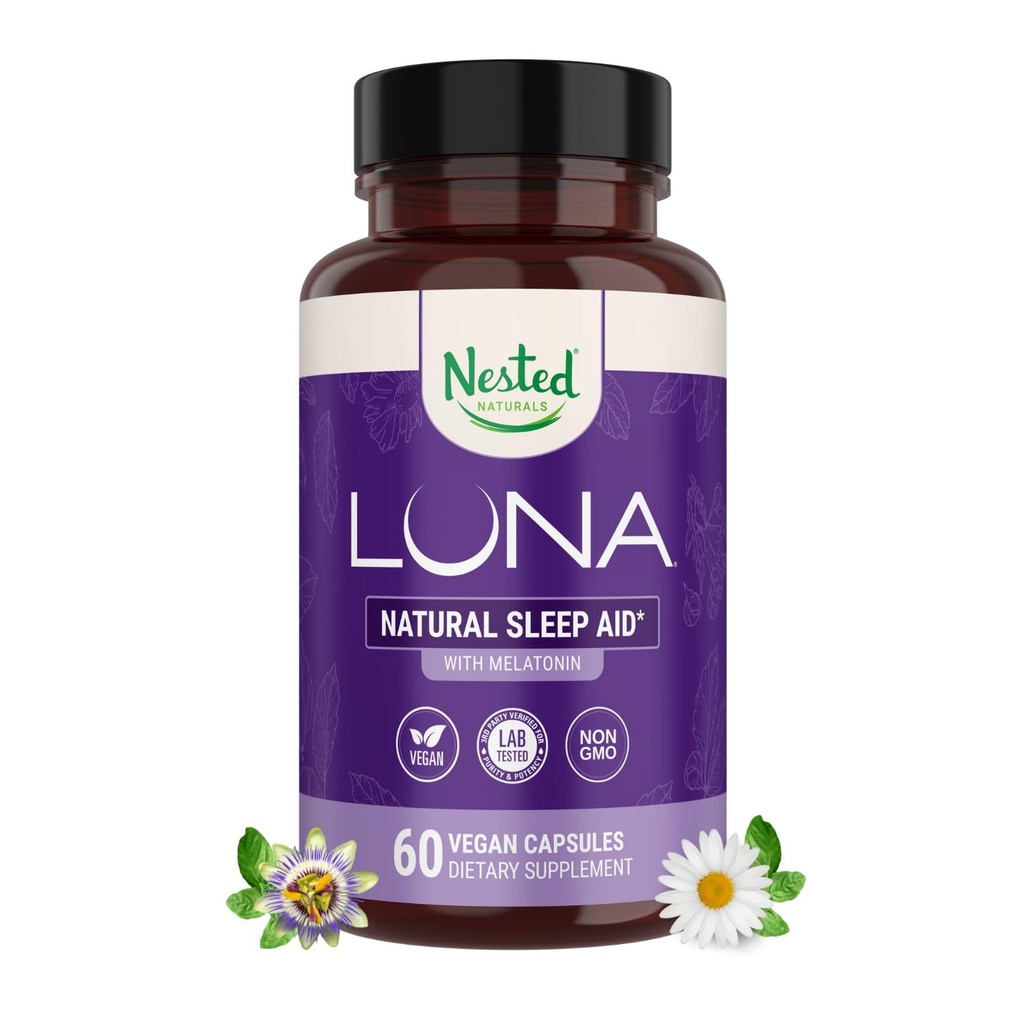 Nested Naturals Luna Sleep Aid - 자연적으로 Sourced Ingredients - Valerian Root, Melatonin, Chamomile, Lemon Balm 및 더 많은 60 Vegan 캡슐을 가진 성인을위한 자연 수면 알약을 형성하는 Non-Habit