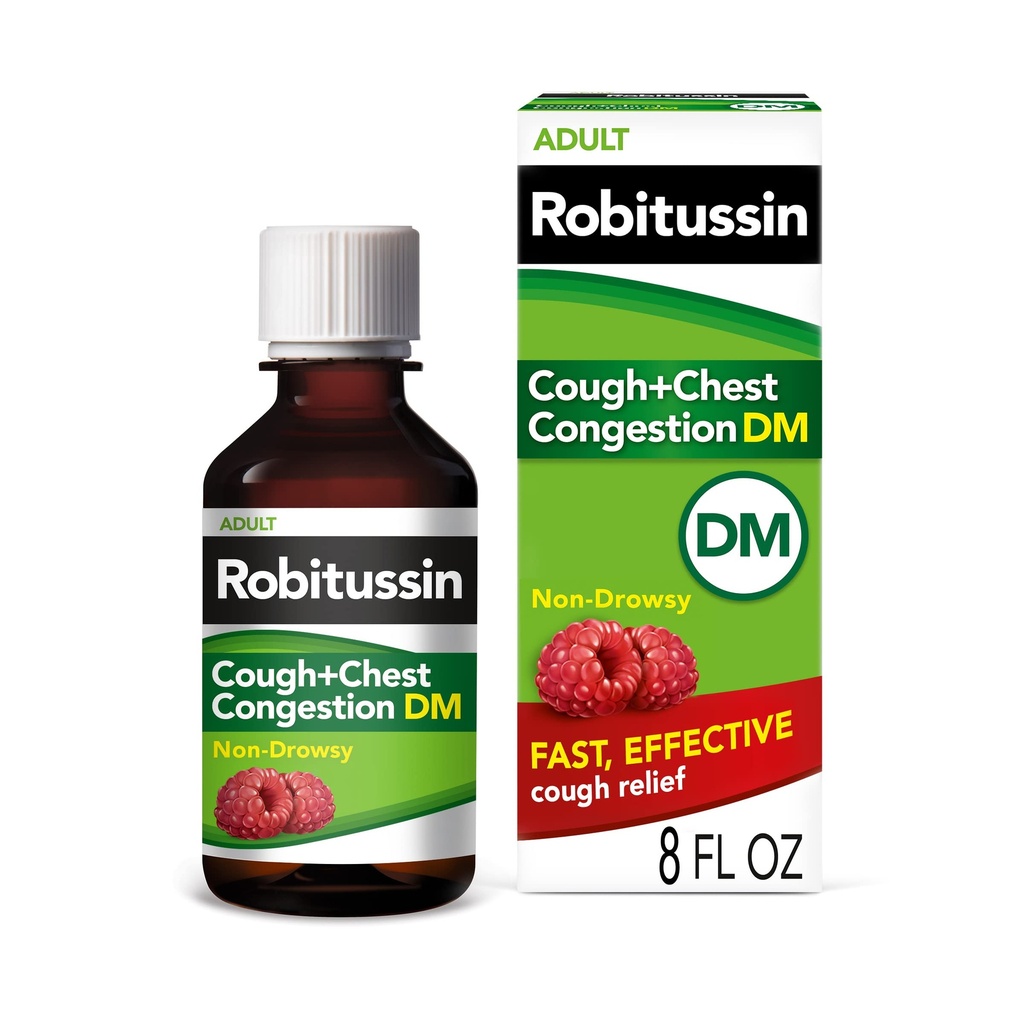 Robitussin 기침과 가슴 Congestion DM, 기침 억제 및 기대, 라즈베리 맛 - 8 Fl Oz 병