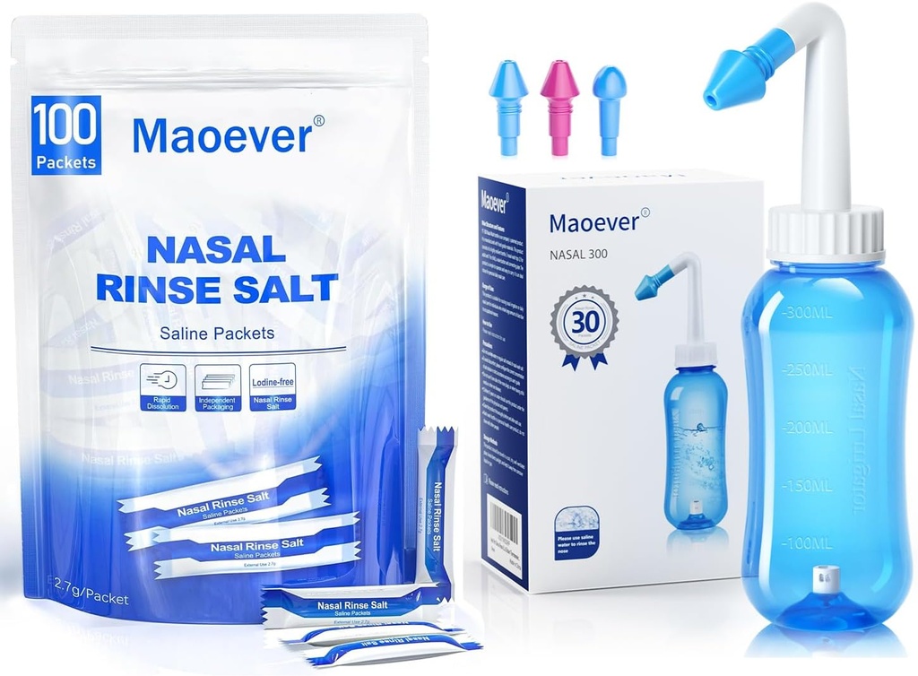 130 Nasal Wash Salt Packets Sinus Rinse Bottle Nose Wash Cleaner Pressure Rinse Nasal Irrigation for Adult & Kid BPA 무료 300 ML 스티커 온도계