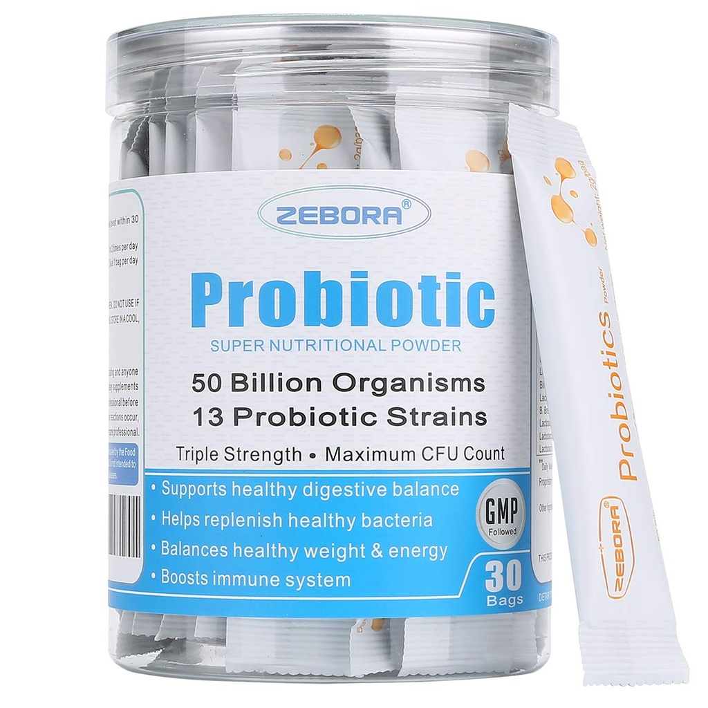 ZEBORA Probiotics for Women, Men and Kids, Prebiotics and Probiotics Powder for Digestive and Immune Gut Health - 건강한 호흡 시스템 글루텐 무료 및 비 GMO, 30 패킷 지원