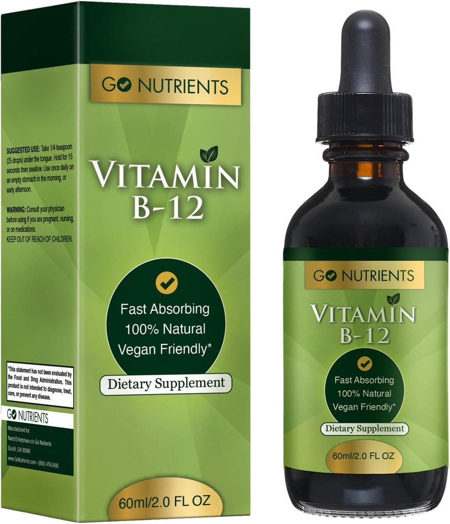 Nutrients 비타민 B12 하위 언어 Methylcobalamin 이동 - B-12 액체 드롭 3000mcg, 유기 라즈베리 맛, Vegan - 에너지, Nerve 건강 및 붉은 혈액 세포 형성 지원 - 2oz (48 서빙)