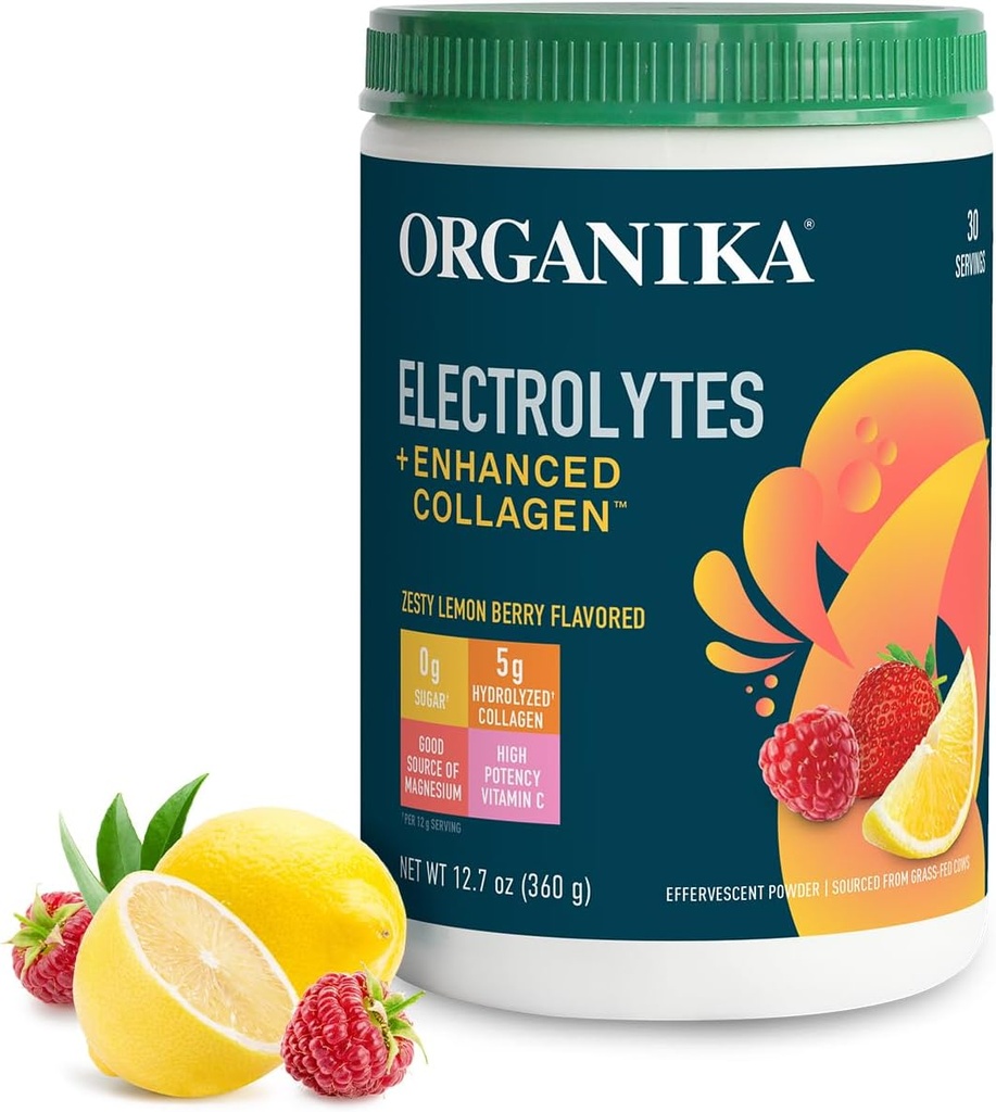 Organikа 여성 및 남성을위한 향상된 콜라겐 분말 - 13 oz - Zesty Lemon Berry-Flavored Effervescent Electrolyte & Collagen Drink Mix - Deep Hydration, Mobility, Skin, Hair, & Nails