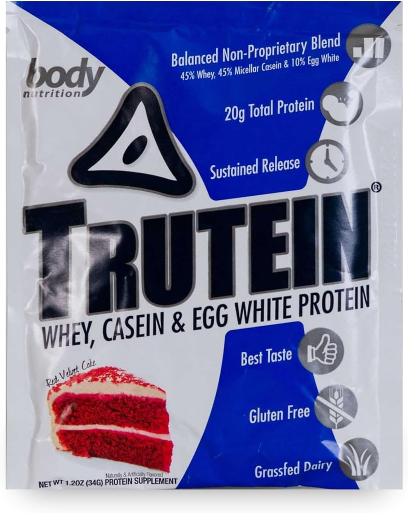 몸 영양 Trutein 높은 단백질 분말: 45% Whey, 45% Casein, 10% 계란 백색, 글루텐 자유로운, 낮은 나트륨, 잔디 페더럴 익스프레스 Whey 단백질 분말, 체육관 보충교재 & 아침 Shake, 빨간 우단 케이크, 34g 표본