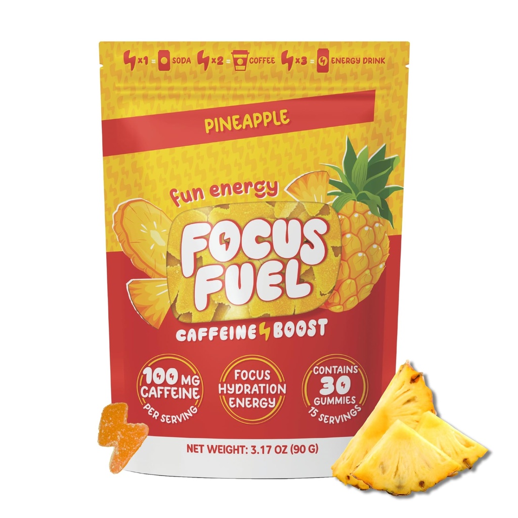FocusFuel 에너지 Chews - 파인애플 맛 (15 서빙) - 100mg 카페인 + 알파 GPC + L-Theanine + B12, 마그네슘 - 열대 에너지 부스트 - 충돌이나 지터 없음