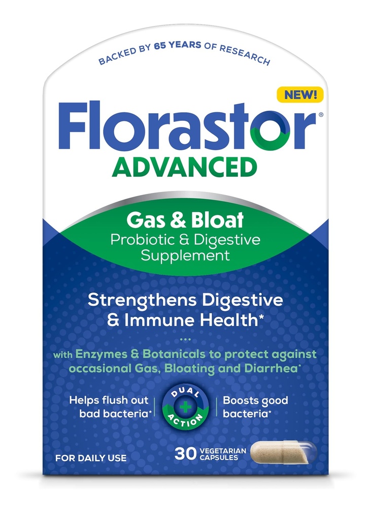 Florastor 고급 가스 및 Bloat Probiotic, 소화 효소 및 식물, 소화 건강을위한 Plus Probiotics, 30 캡슐