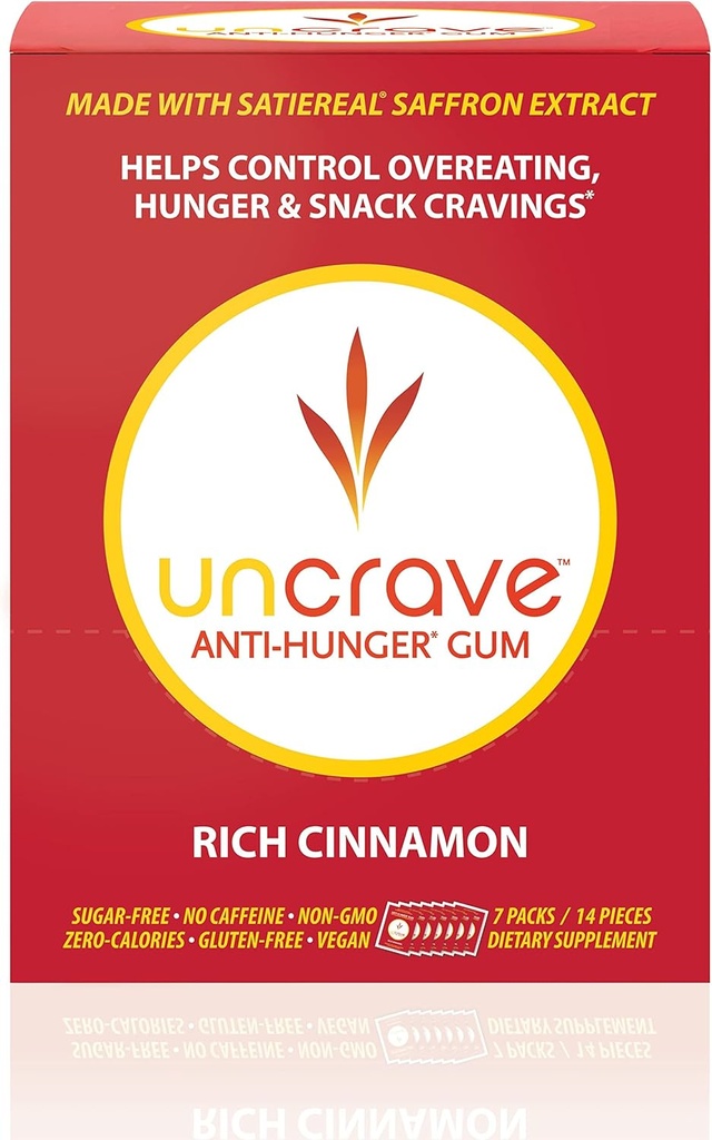 UNCRAVE Gum - 100 % 순수 소프론 추출물과 주입 - 제어 크레이빙 - Mood 개선 - Vision Health - Rich Cinnamon (14 조각)