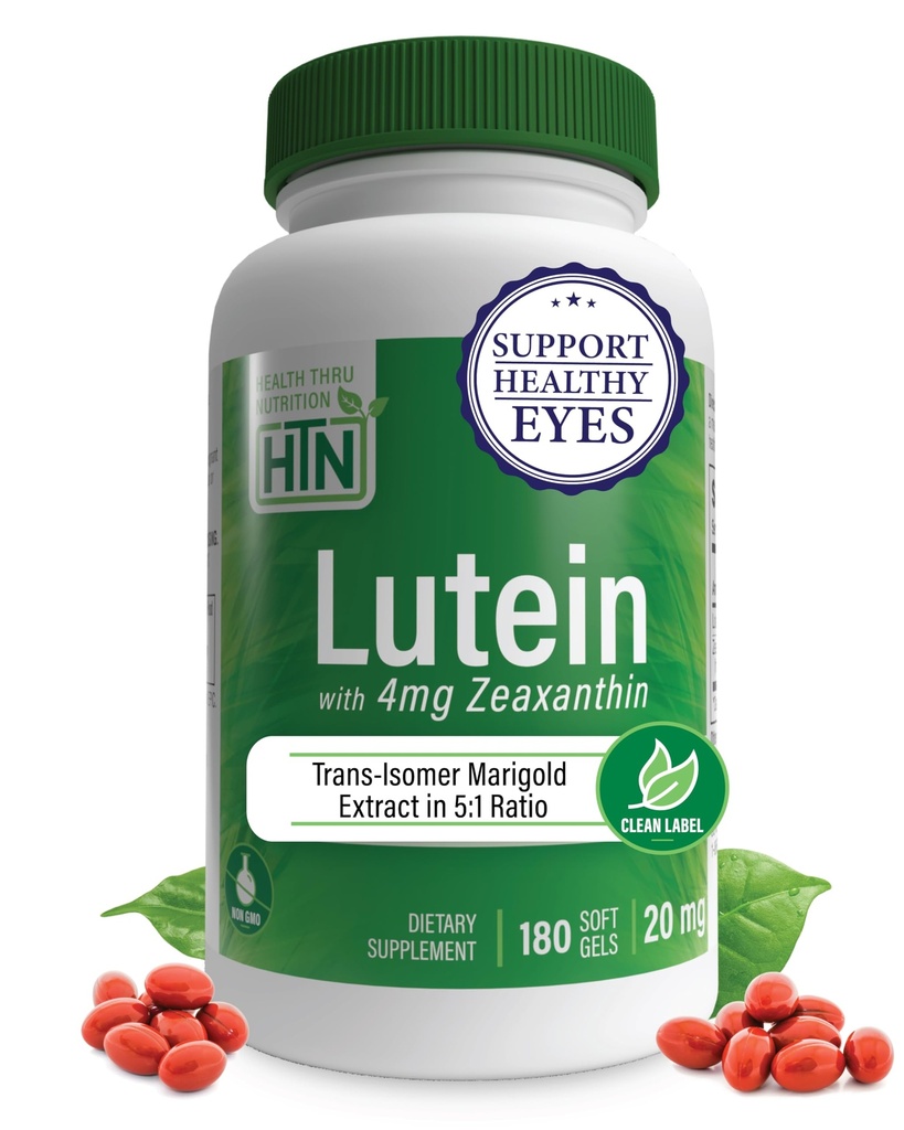 Zeaxanthin 4mg 180 Softgels를 가진 Lutein 20mg | 자연 신생아 5:1 비율에 있는 All-Trans Marigold 추출물 | 건강한 눈, 피부 및 두뇌 지원 | Non-GMO Soy & Gluten Free | Health Thru Nutrition Nutrition
