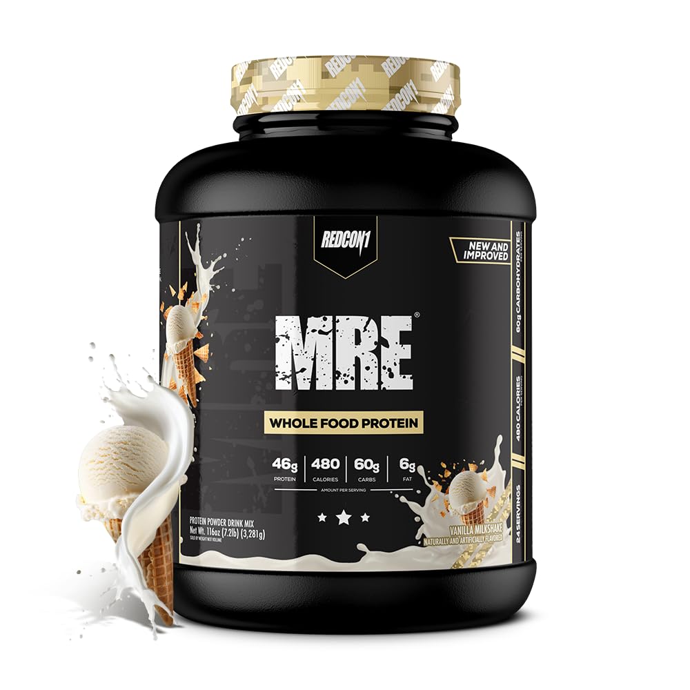 REDCON1 MRE Protein Powder, 바닐라 밀크 셰이크 - MCT 오일 및 전체 식품으로 만든 식사 교체 단백질 혼합 - 자연 성분과 단백질 근육 회복 (25 서빙)