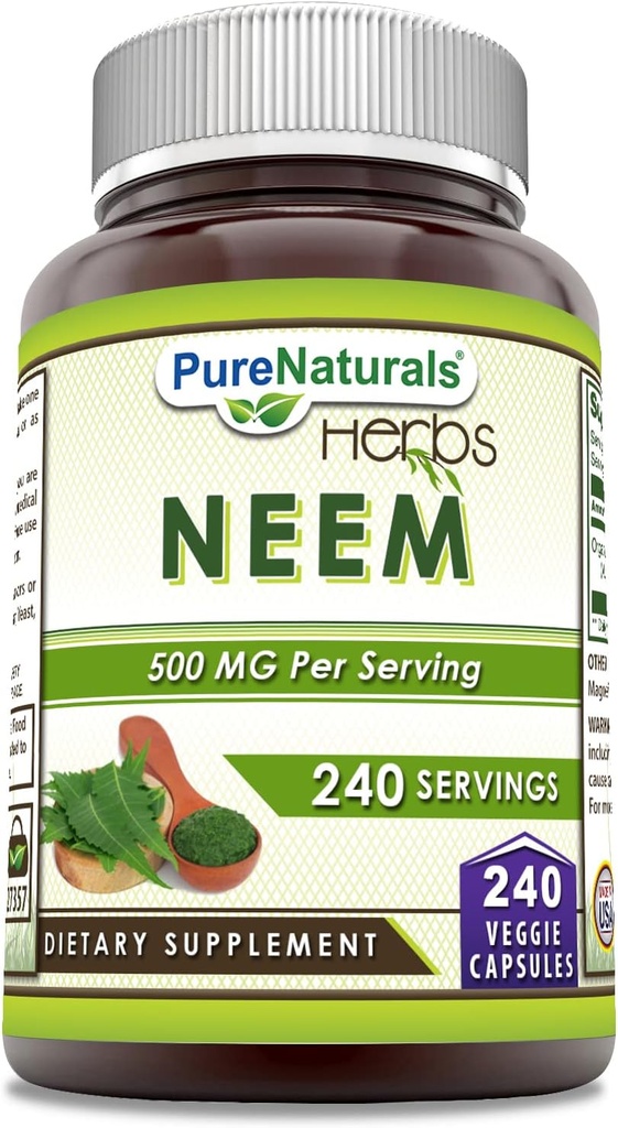 순수한 자연 Neem (자연적인 Neem 잎으로 만드는) | 240 Veggie 캡슐 보충 당 500 Mg | Non-GMO | 글루텐 무료 | Made in USA | 채식주의 이상