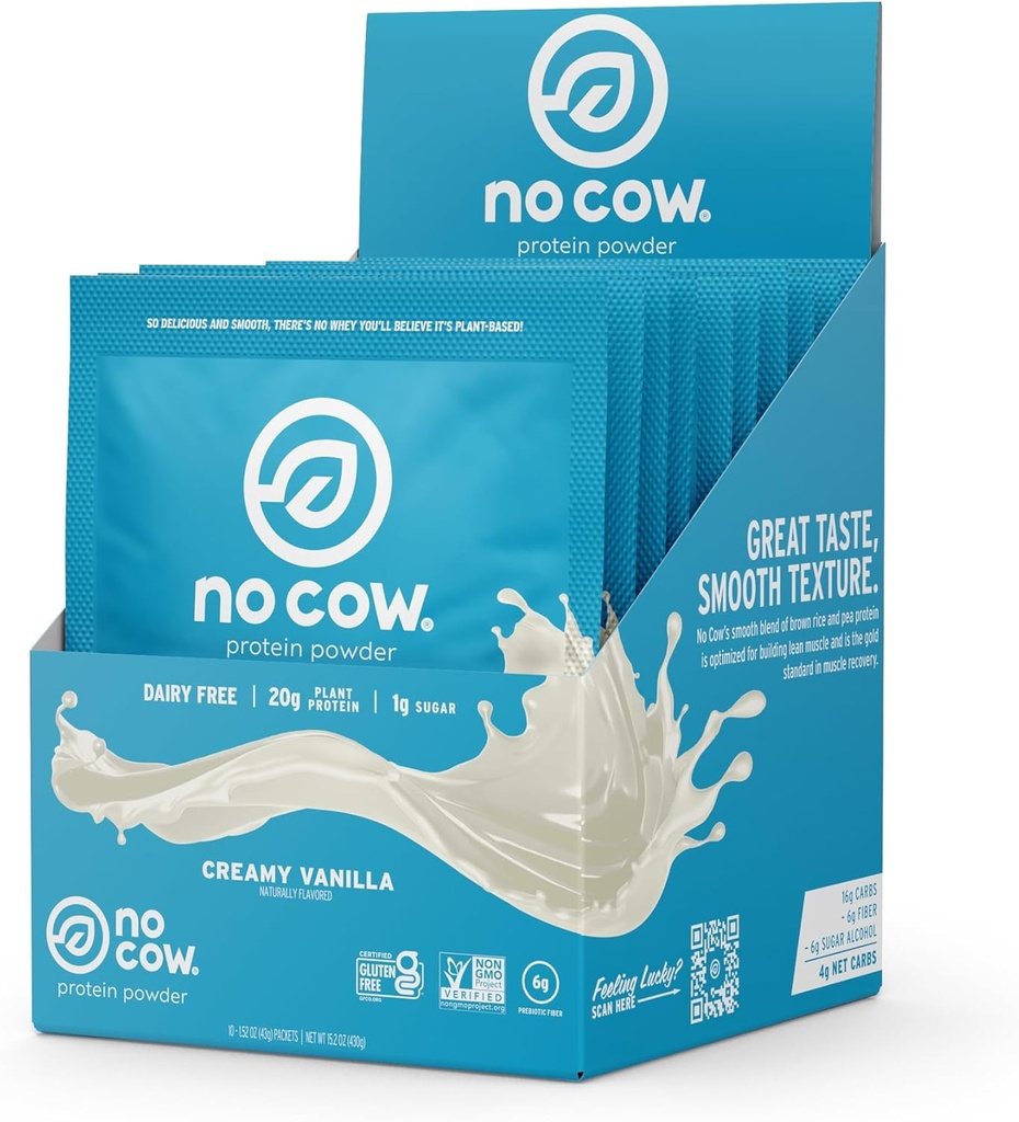 Cow Vegan Protein Powder, Vanilla, 20g Plant 기반의 Protein, Single Serve Packets, Dairy Free, Soy Free, No Sugar 추가, Keto Friendly, Gluten Free, Naturally Sweetened, Non GMO, Kosher, 10 Count