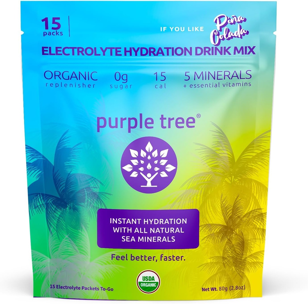 Purple Tree Organic Electrolyte Hydration Packets - Pina Colada 맛, 설탕 - 무료 액체 Hydration 스틱, Dehydration Relief 용 매일 Electrolyte 음료 혼합, 15 To-Go Packs