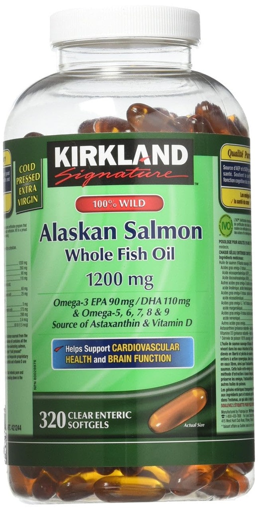 Kirkland 서명 100% 야생 알래스카 연어 기름 90 EPA 110 DHA 1200mg - 320 Enteric 입히는 Softgels