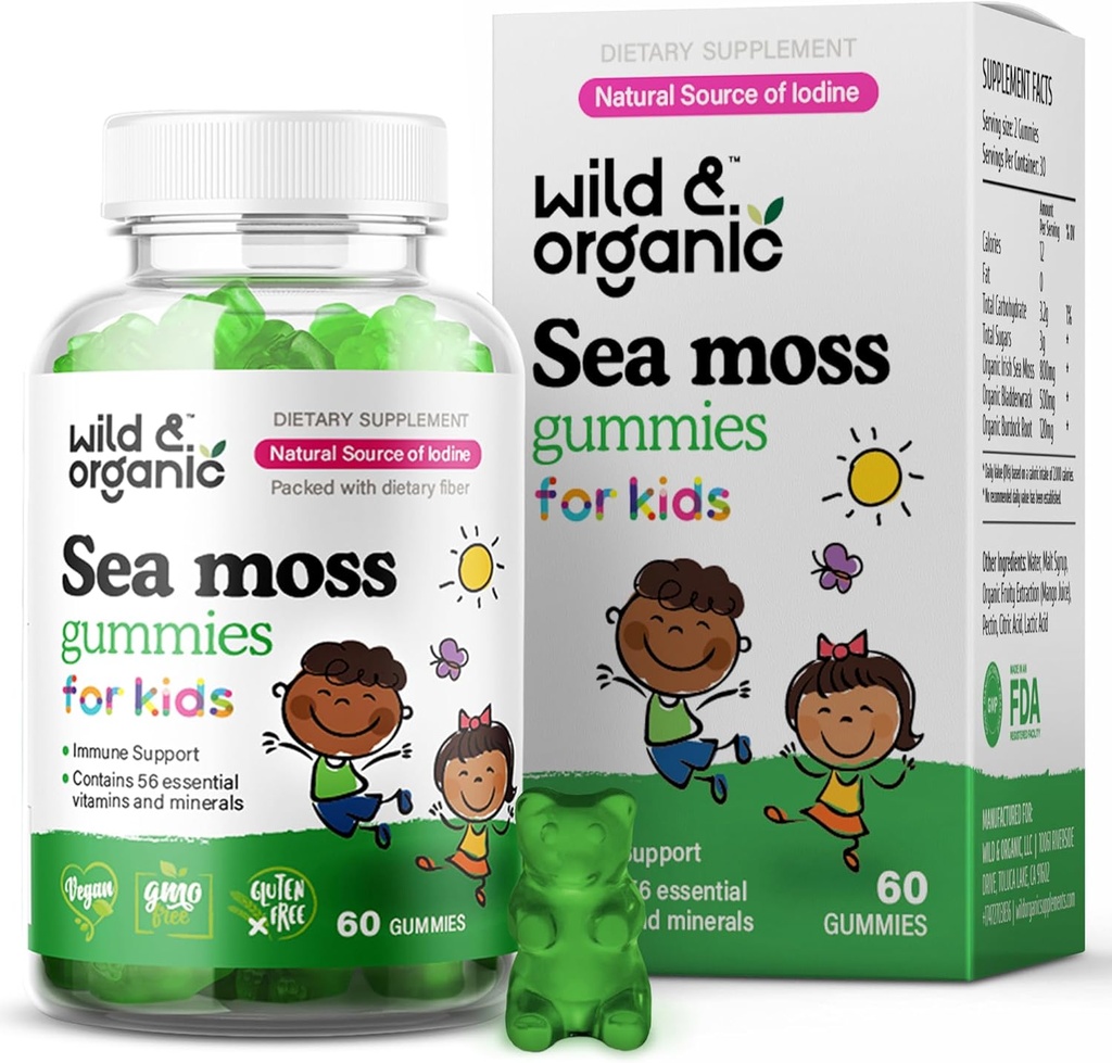 Wild & Organic Irish Sea Moss Gummies for Kids 800mg - Bladderwrack과 면역 지원 - 전체 지원을위한 Vegan Sea Moss Gel Chews - 60 Non-GMO Seamoss Gel Gummies