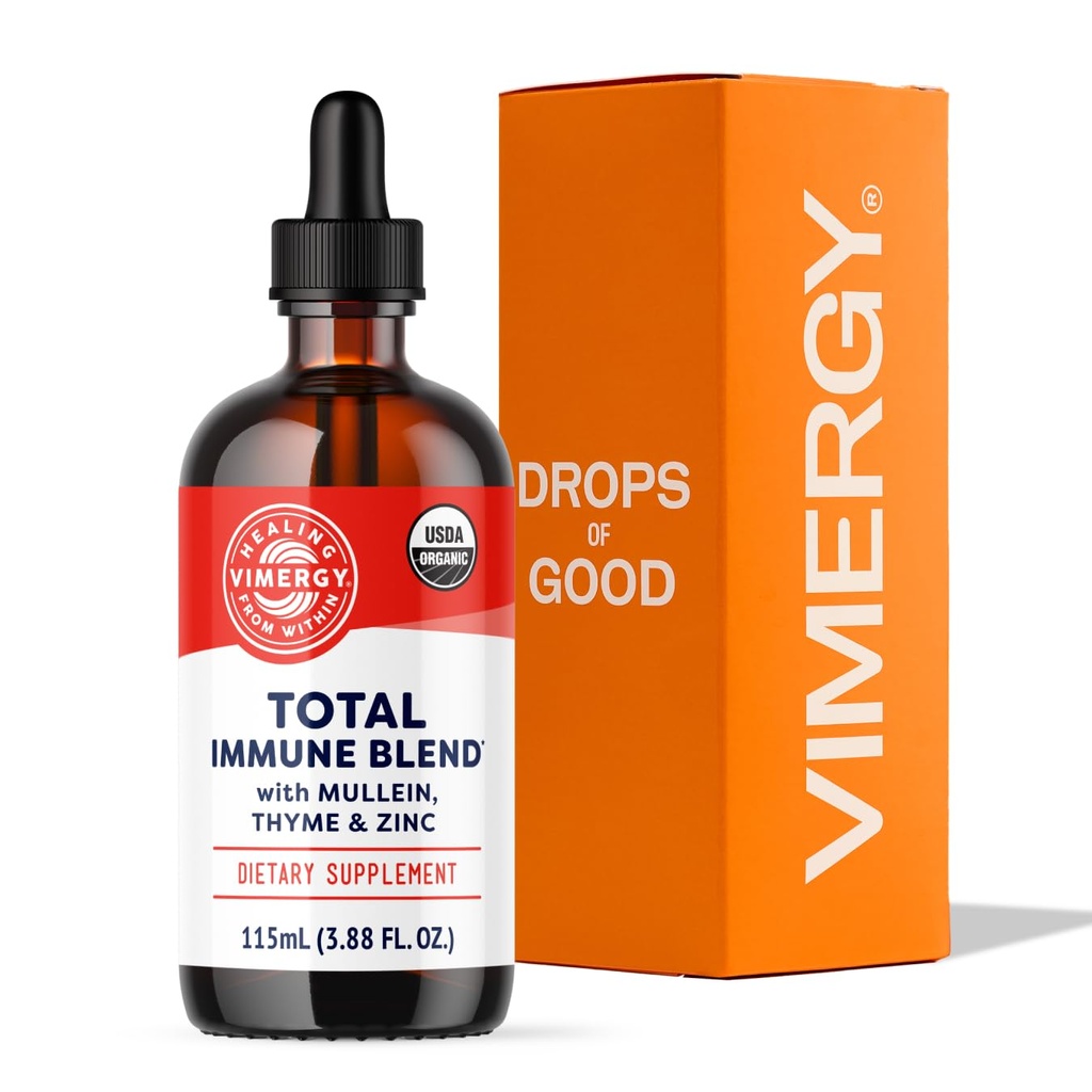 Vimergy Total Immune Blend* Liquid Supplement, 57 서빙 빠른 흡수 면역 지원 – All-Season, 아연, Thyme 및 Mullein Drops Non-GMO, Vegan, USDA Organic, Immunity Support for Adults (115 mL)