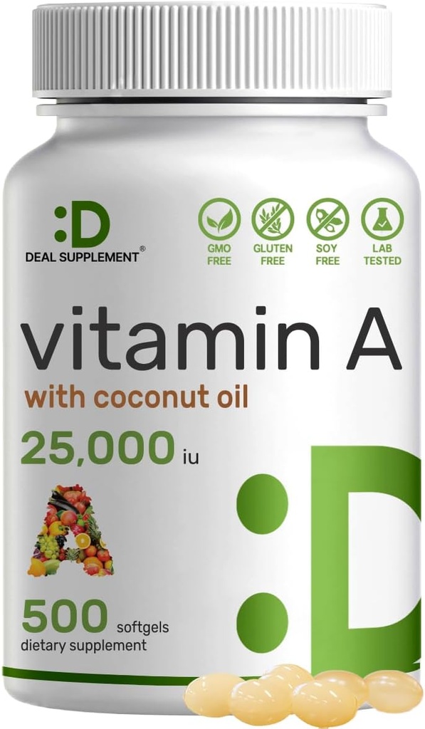 DEAL SUPPLEMENT 높은 효능 비타민 A 25000 IU, 500 코코넛 오일 Softgels | 쉽게 흡수, 천연 생선 간장 오일 소스 – 아이, 면역, 피부 건강을 위한 비타민 – 삼키기가 쉽고, 비 GMO