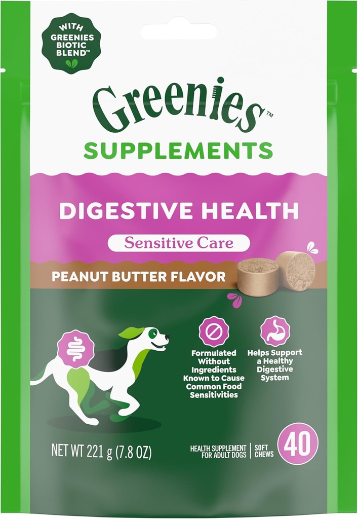 Greenies Sensitive 배려 소화 건강 개 보충교재 닭 자유로운 공식, 개를 위한 Probiotic와 더불어, 땅콩 버터 풍미, 40의 조사 주머니