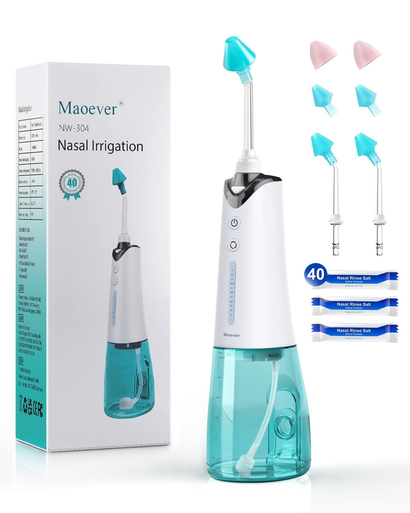 Nasal 관개 시스템, Sinus Relief & Nasal Care, 6 팁 및 40 소금 팩 Nasal 관개 Sinus Rinse 시스템 키트가있는 전기 Neti 냄비 성인 및 Kid