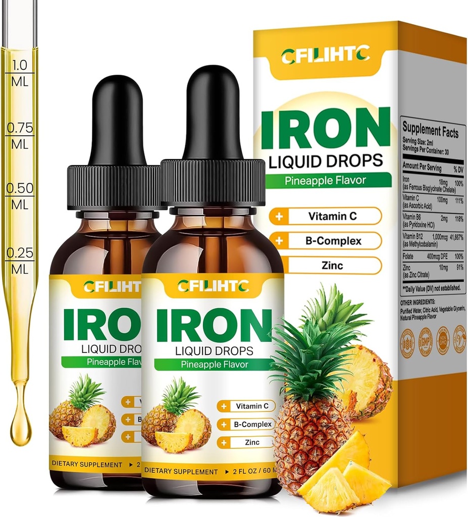 여자 남자 & 아이 Multivitamin 철 하락을 위한 액체 철 보충교재 Folate, 비타민 C, B6, B12, Anemia를 위한 아연, 철 결핍, 혈액 건축업자, 에너지 - 자연적인 파인애플 풍미, Vegan 4 Fl Oz