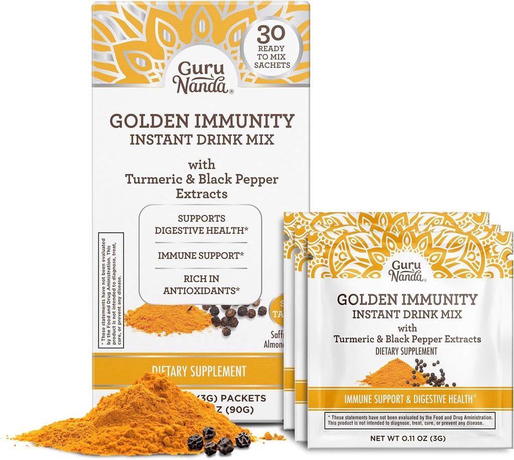 GuruNanda 황금 Immunity 순간 음료는 Turmeric & Black Pepper와 혼합합니다 - Immune 체계 & 소화 건강을 지원하는 산화 방지제에서 부유한 - Saffron & Almond는, 온-고 향낭 (30 조사)를 맛을 냅니다