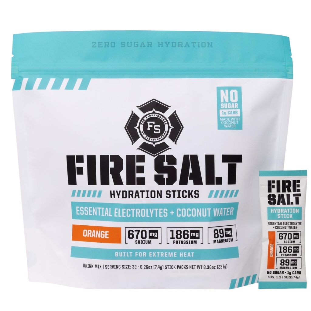 Fire Science Fire Salt Hydration Sticks, Electrolytes & Coconut Water, 마그네슘, 칼륨 및 나트륨, Zero Sugar, Go Pack, Vegan, Orange flavor, 32 카운트에 단일 Serve와 하이드로션 음료 혼합
