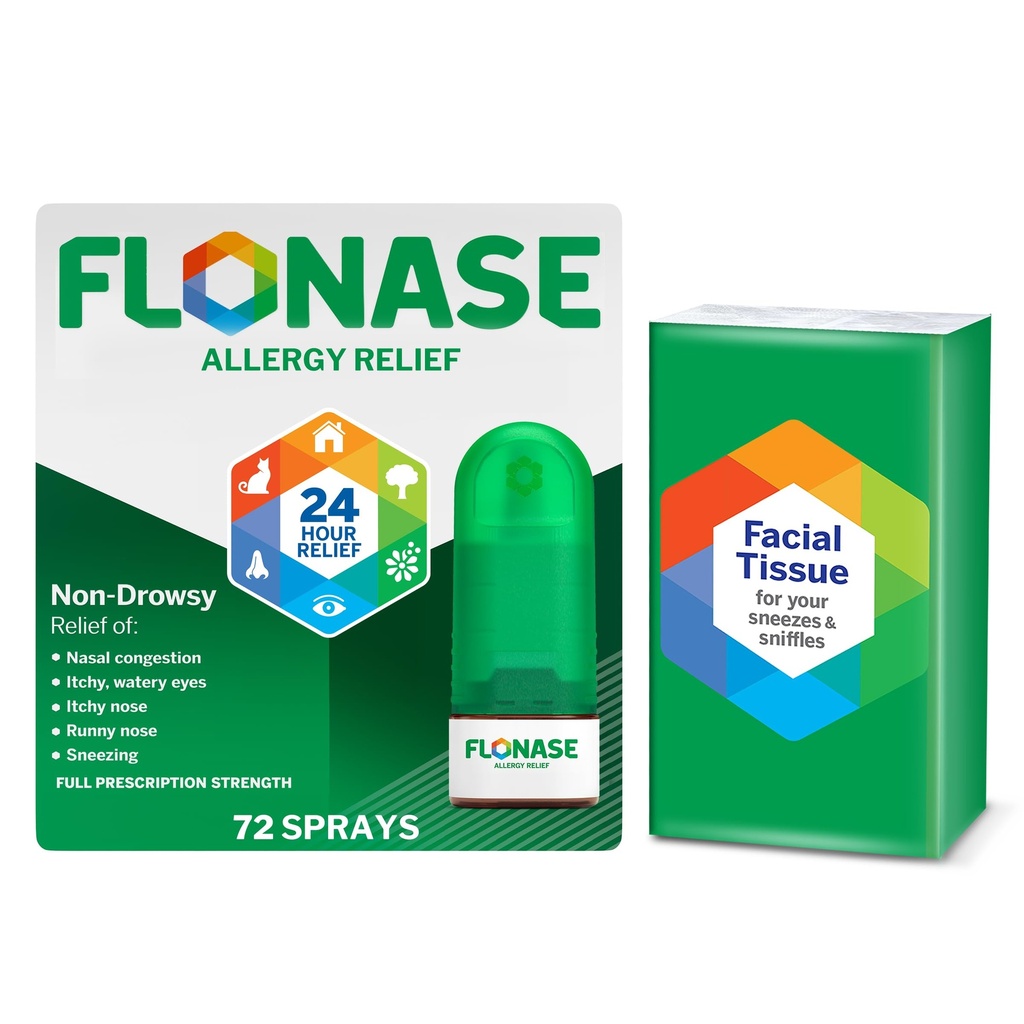 Flonase Allergy Relief Nasal 스프레이, 24 시간 Non-Drowsy Multi-Symptom Relief - 72 스프레이 플러스 Tissues의 보너스 팩