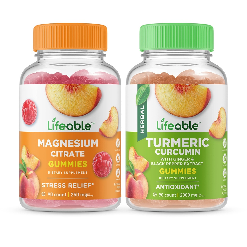 Lifeable 마그네슘 85mg + Turmeric Curcumin, Gummies 번들 - 훌륭한 타스팅, 비타민 보충, 글루텐 무료, GMO 무료, Chewable Gummy