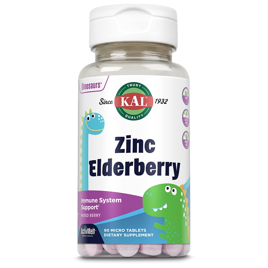 KAL 키즈 아연 Elderberry 공룡, 아이튠 지원 보충 * 어린이 w / Sambucus Elderberry, 빠른 용해 혼합 Berry ActivMelts, 재미, 맛있는 디노 모양, Vegan, 90 서빙, 90 마이크로 정제