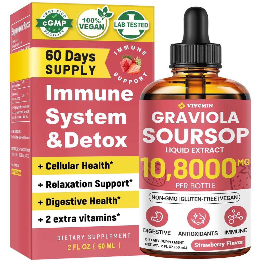 Graviola Soursop 잎 추출물 액체 - Soursop Bitters 액체, Immune, Relax, Liver 및 Sleep, Sugar & Alcohol-Free, Highly Absorbable Formula, Strawberry 풍미, 2 Fl Oz