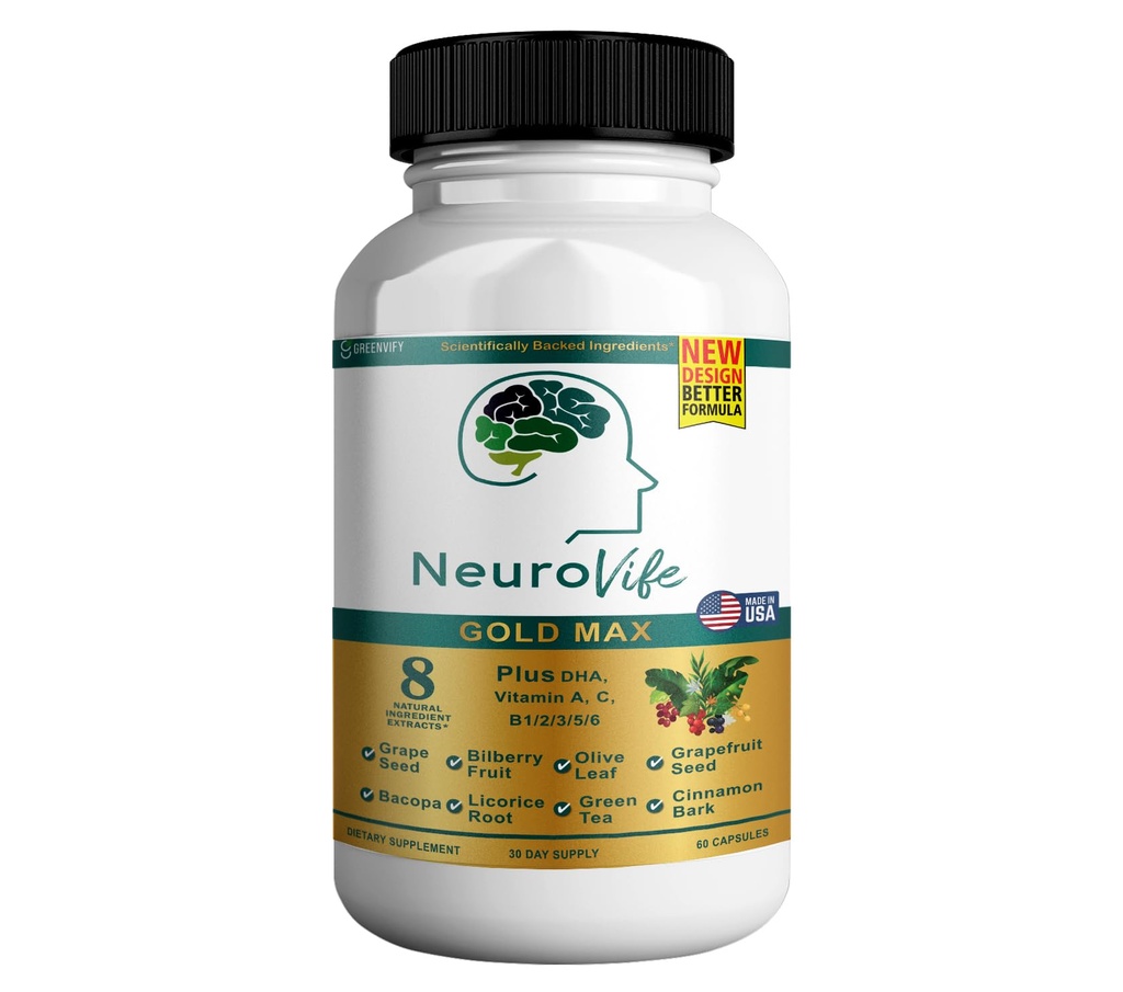 NeuroVife Gold Max Brain Support Supplement | DHA, 비타민 A, C, B 복합체의 8개의 천연 추출물 | 60 Veggie Capsules | 미국에서 만든 (1)
