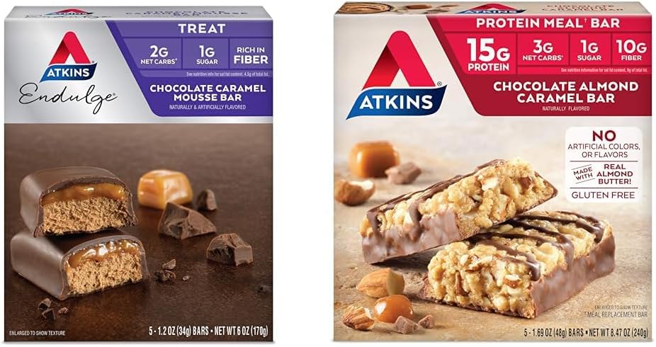 Atkins Endulge 초콜릿 Caramel Mousse Bar, 디저트 좋아하는, 1g 설탕, 섬유, 5 개 카운트 및 초콜릿 Almond Caramel Bar, Keto-Friendly, Real Almond Butter, 5 개 카운트 (팩 1)