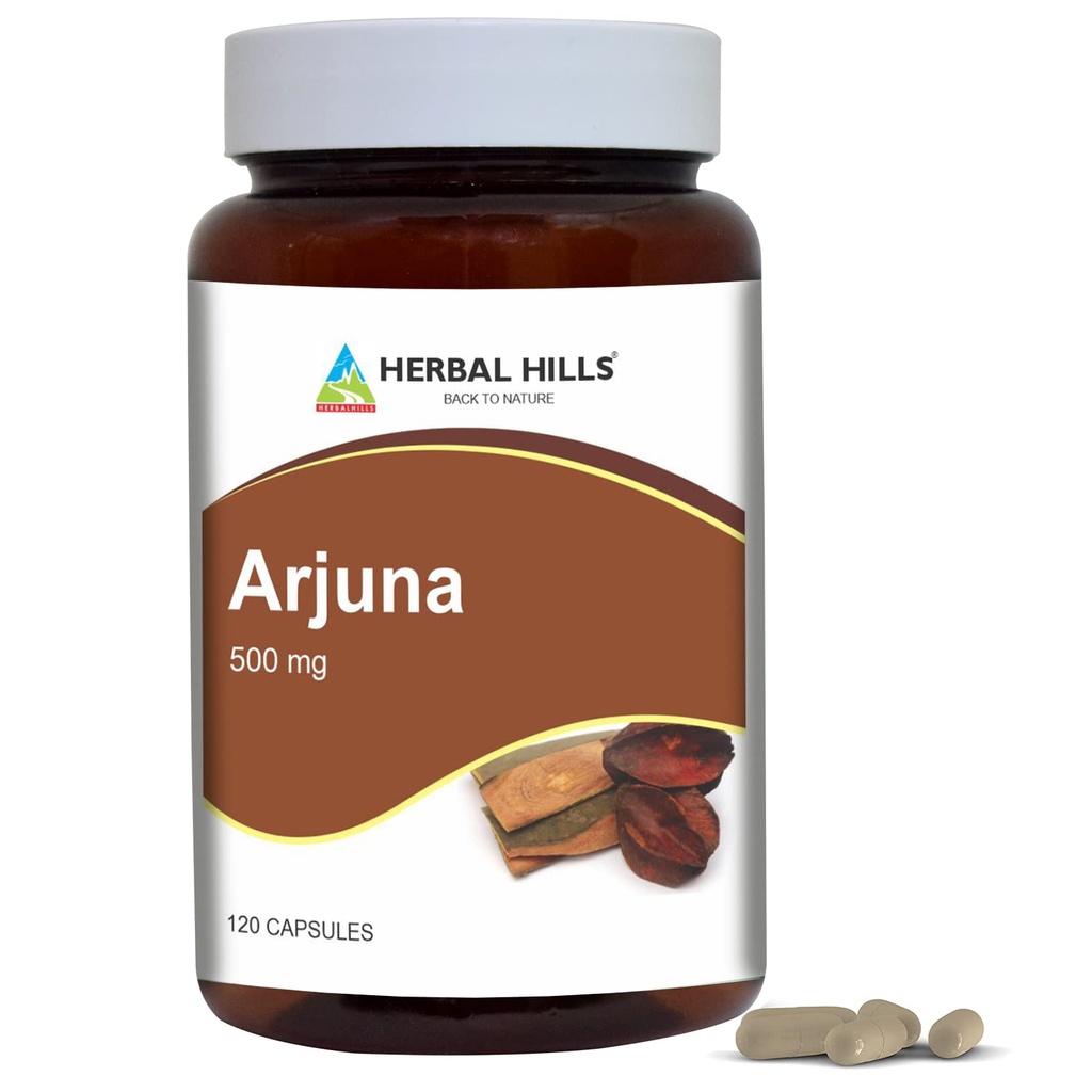 HERBAL HILLS Arjuna 캡슐 (Terminalia Arjuna) | 120 개 (500 mg) | Arjuna Bark 추출물을 가진 표준화된 추출물 웰니스 및 건강 보충교재