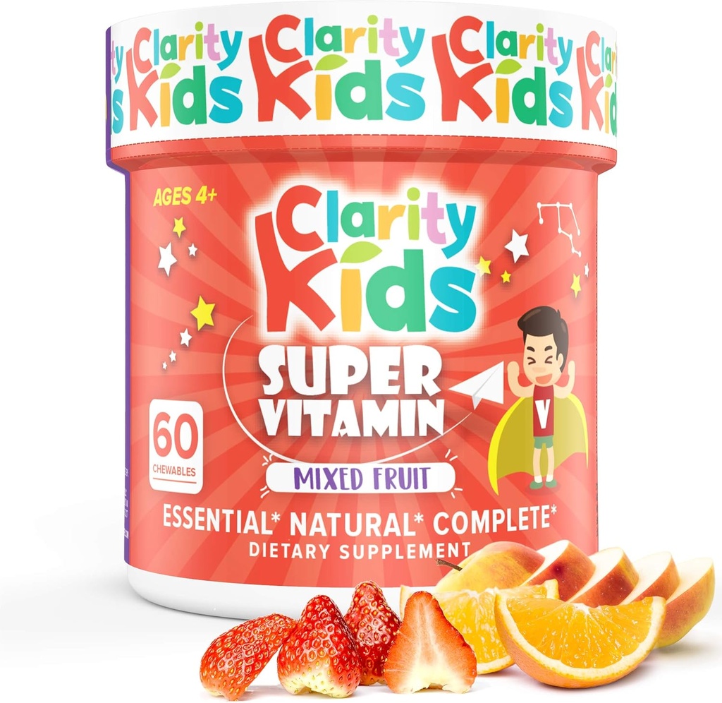 Clarity Kids Super Vitamin Multivitamin for Children | 비타민 C, 비타민 D, & 아연 | 어린이 면역 지원에 필요한 모든 천연화학적검정 | USA Made Supplement | 60 Piece (30 Day Supply)