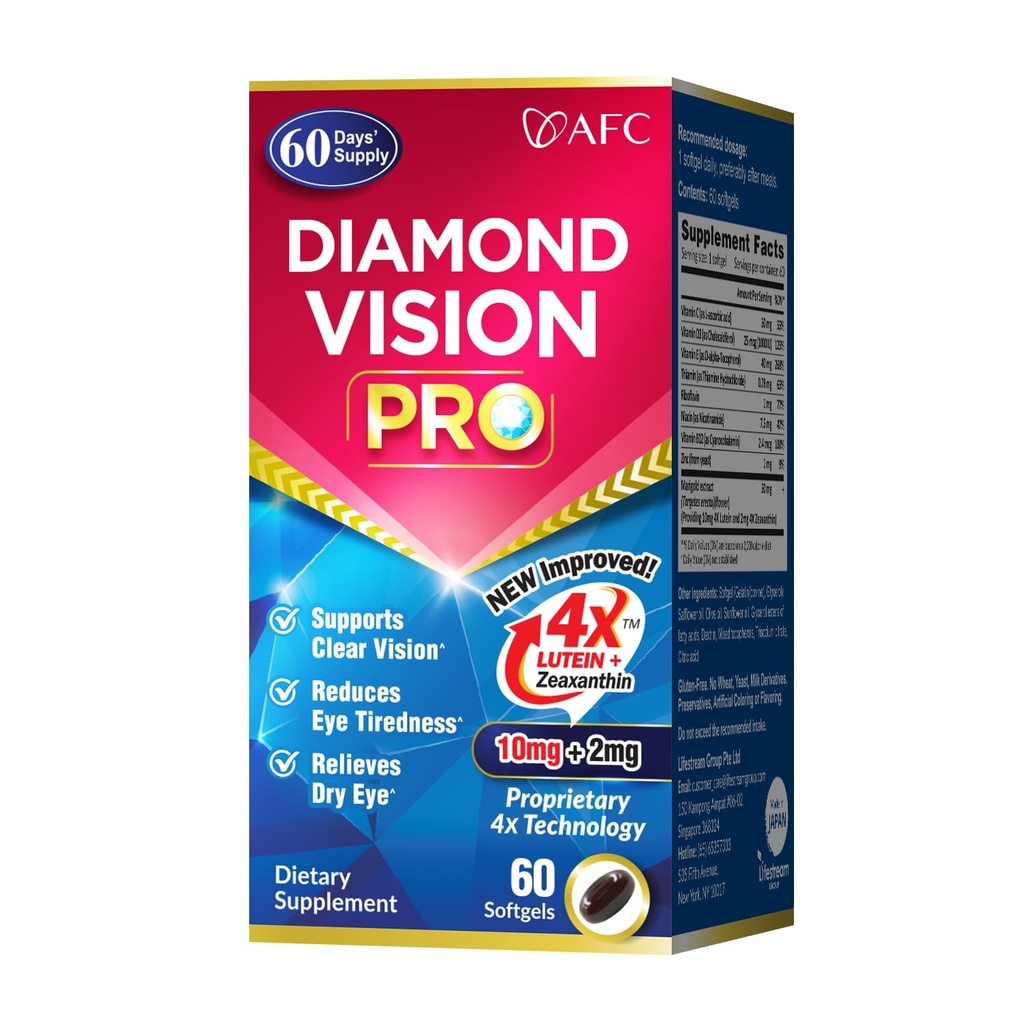 AFC 일본 다이아몬드 비전 PRO – 개선, 업소화 공식 - Lutein & Zeaxanthin 4X with Eye Vitamin – 성인, 스크린 노출, 야간 사용, 60 Softgels