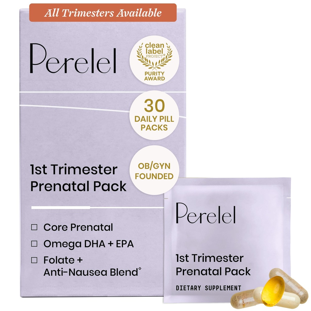 Perelel 1st Trimester Prenatal 팩, Folate를 가진 Multivitamin, 비타민 D, Omega 3, 철 & Ginger의 이른 임신을 위한 영양 지원, Soy & 글루텐 자유로운, 비 GMO, 30 매일 알약 팩