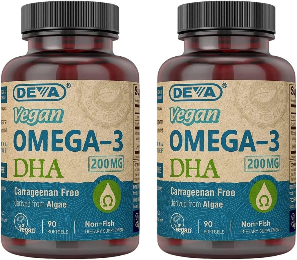 DEVA Vegan Omega-3 DHA 보충교재 - 한 번 당 일 Softgels 200 MG - Carrageenan Free - 젤라틴 무료 - 비 가짜 - 조류 기름 Omega-3 지방산 - 90 Softgels (패키지 2)