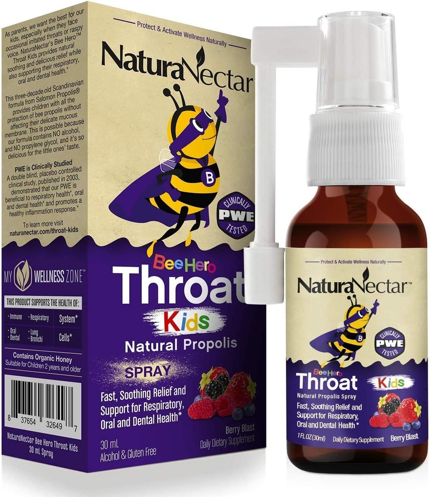 NaturaNectar - BeeHero 브라질 꿀벌 프로 폴리스 스로트 스프레이 - 어린이를위한 스로트 구호 - 편안함과 보호를 위해 - 독점적 인 베리 블라스트 맛 (1 팩, 1 Fl Oz)