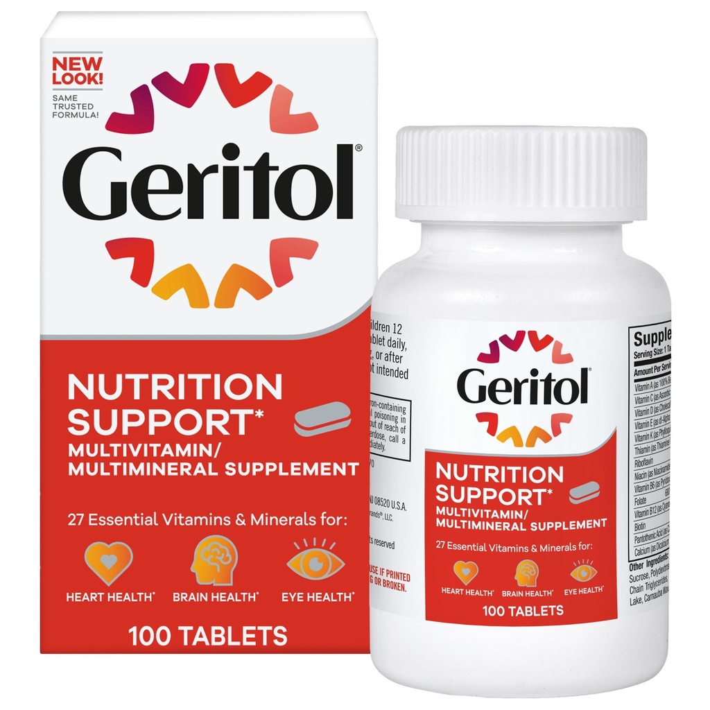 Geritol, Multivitamin 보충교재, B 비타민, 산화 방지제, 비타민 C, E & D 및 철, 26 정유 및 무기물, 글루텐 자유로운, 비 GMO, 인공 감미료 없음, 100개의 정제를 포함합니다