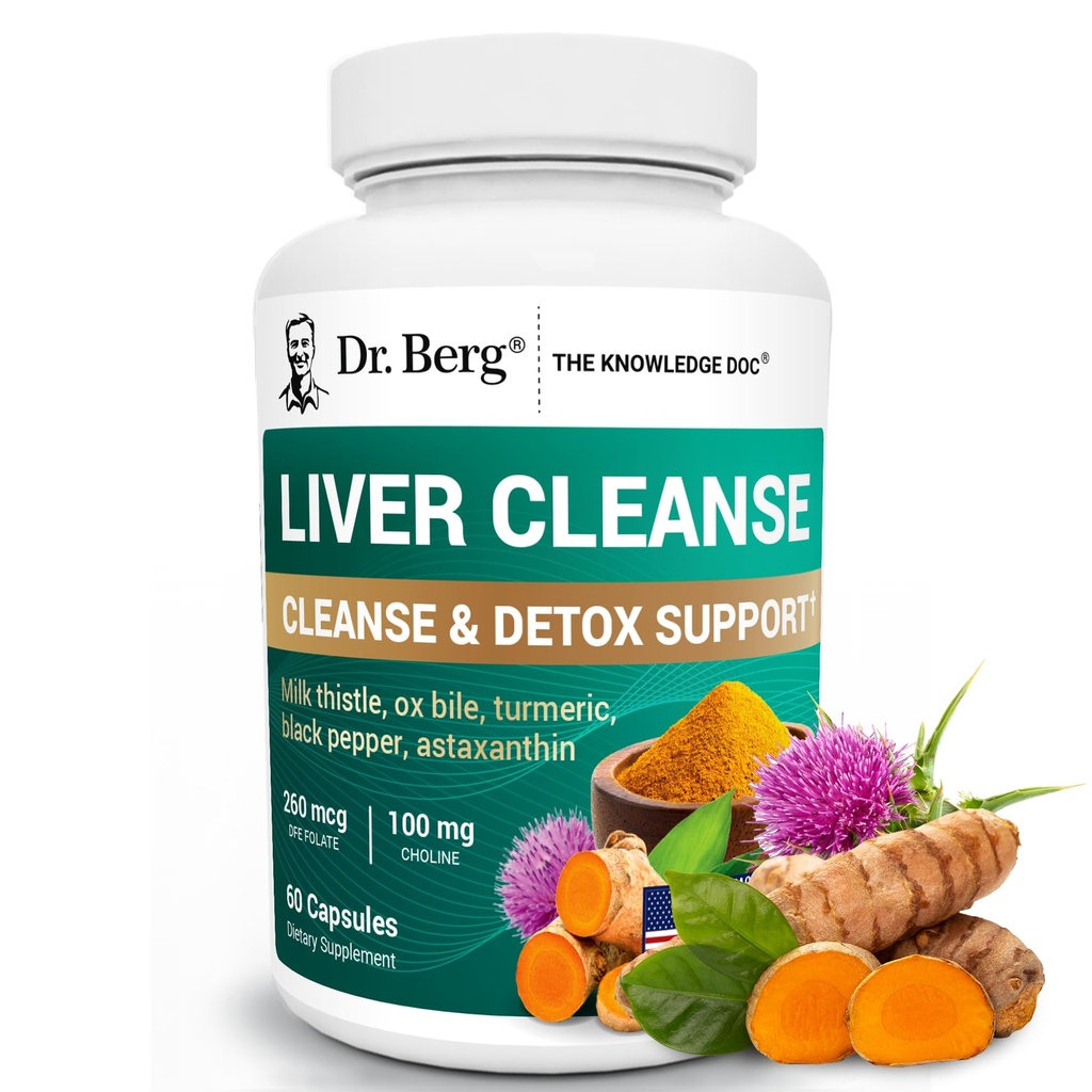 Dr. Berg Liver Cleanse Detox Capsules w/Unique Blend of Milk Thistle, Ox Bile & Folate - Liver Supplement 포함 심황, 블랙퍼 & 콜린 - 60 캡슐