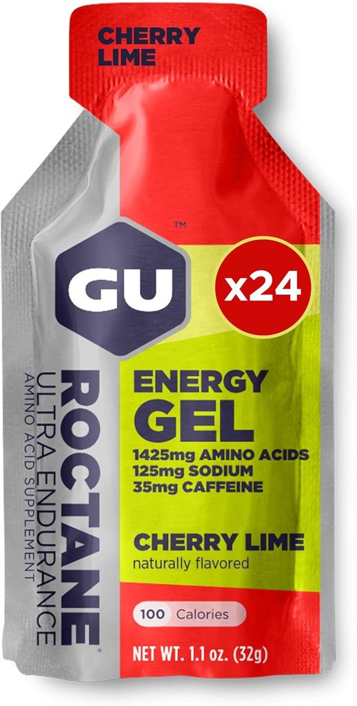 GU Energy Roctane Ultra Endurance Energy Gel, Vegan, Gluten-Free, Kosher 및 Dairy-Free On-The-Go Sports Nutrition for Running, Biking, 하이킹 또는 스키, 24Count, Cherry Lime