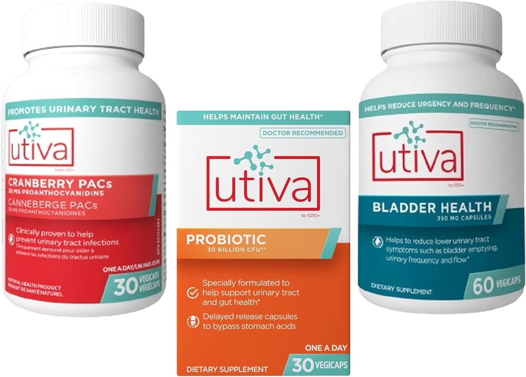 15% 뭉치 Utiva Cranberry PACs Urinary Tract 건강을 위한 보충교재 30 Vegi 캡슐 + Gut와 Urinary Tract 건강을 위한 Utiva Probiotic 30 지연된 방출 Vegi 캡슐 + Utiva Bladder 건강 60 캡슐