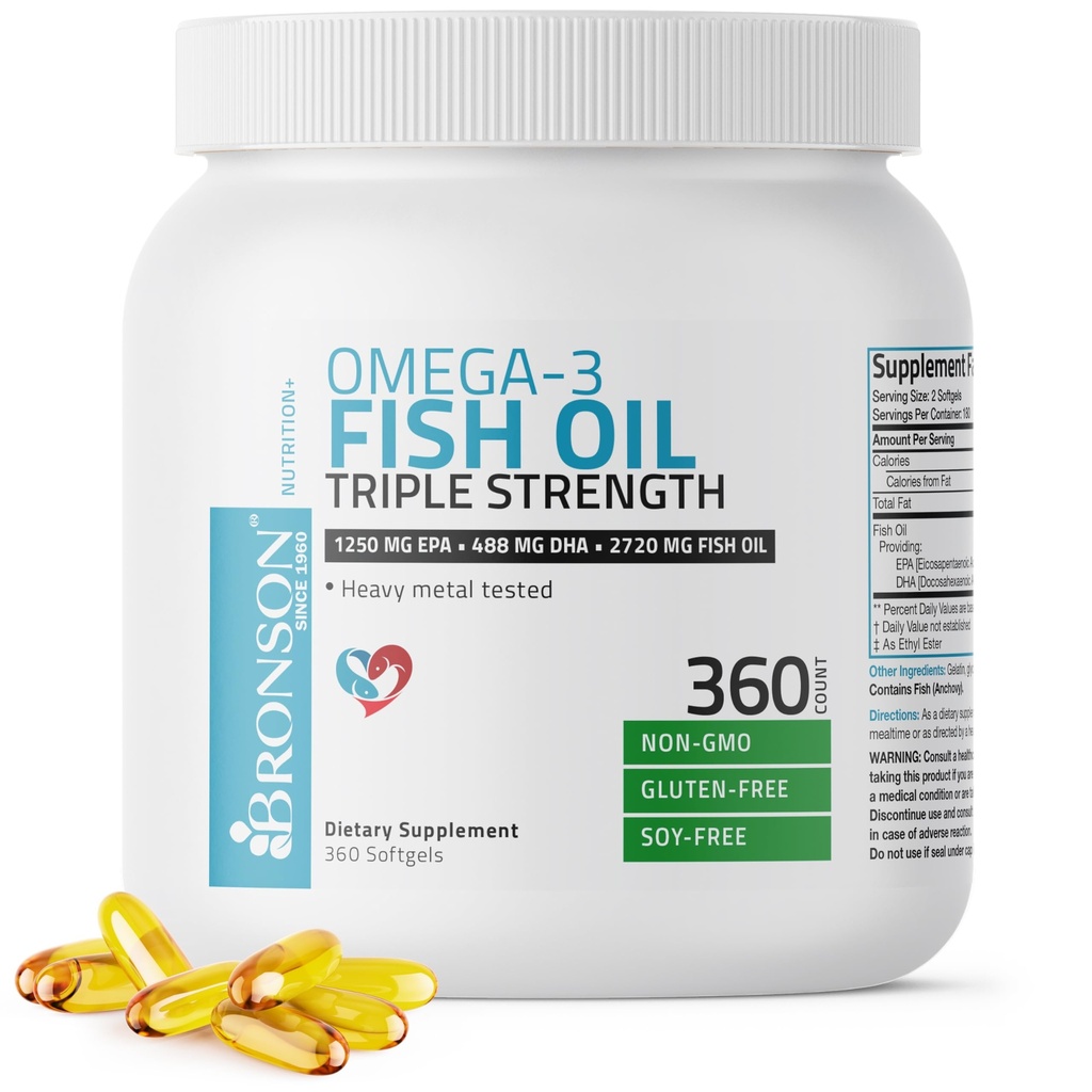 Bronson 오메가 3 물고기 기름 세겹 힘 2720 mg의 높은 EPA 1250 mg DHA 488 mg의 비 GMO 무거운 금속은, 360 Softgels 시험했습니다