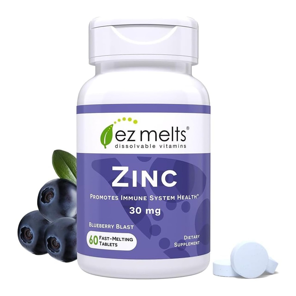 EZ 용융 아연 - 면역, 소화 및 피부 건강 지원을위한 보충 - Non-GMO, Vegan & Gluten-Free - Blueberry Blast - 60 Dissolvable Tablets (60 인분)