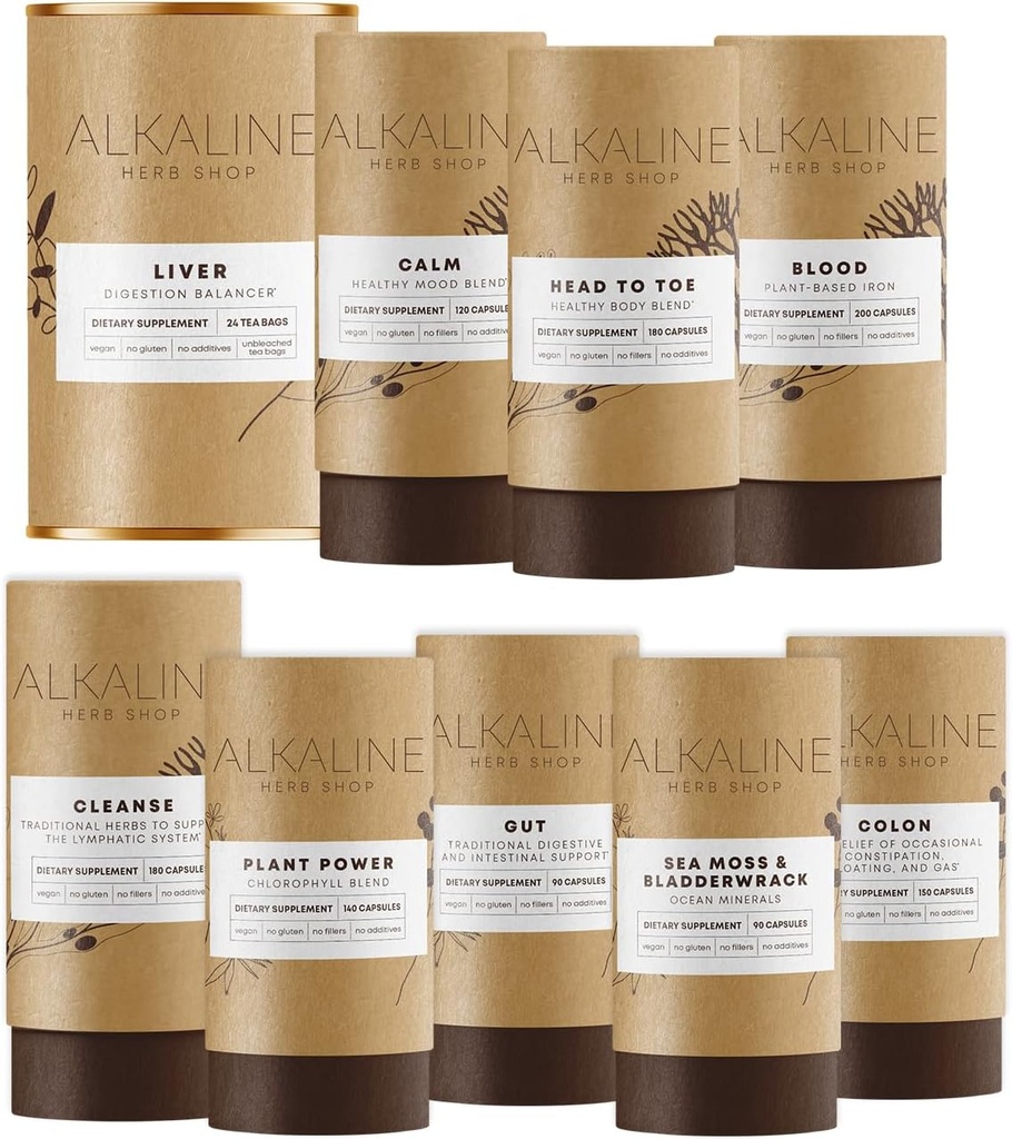 Alkaline 허브 숍 바디 에센셜 묶음 - 바다 Moss & Bladderwrack, Chlorophyll, 철, 행복한 건강한 몸, 행복한 콜론, 행복한 림프, Gut, 행복한 간장 차 및 행복한 계류