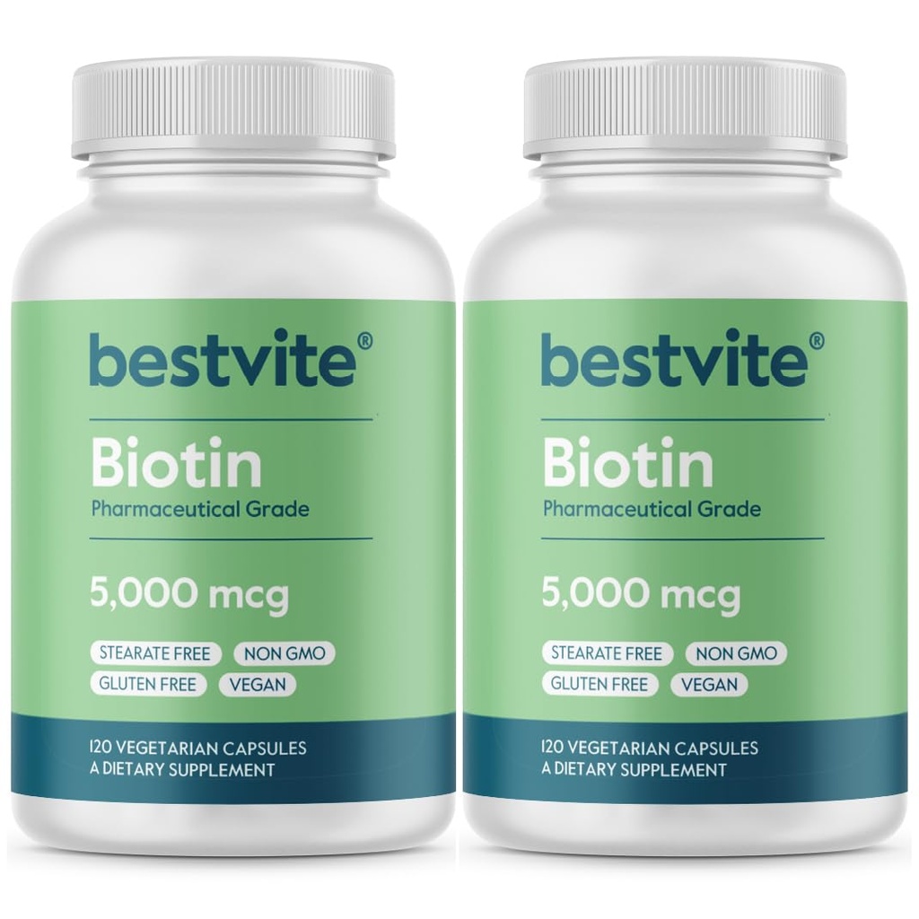 BESTVITE Biotin 5000mcg (240 채식 캡슐) (120 x 2) - 더스트 없음 - 플로우 에이전트 없음 - Vegan - 비 GMO - 글루텐 무료 - 헤어, 피부, 손톱