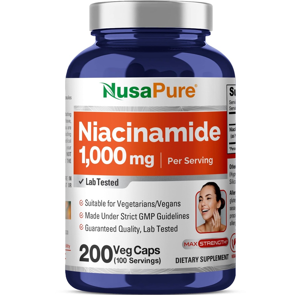 NusaPure Niacinamide 1000mg 200 Veggie 캡슐 (비 GMO, 비건) 플러시 무료