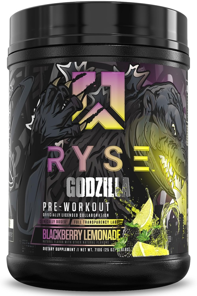 RYSE Godzilla X Noel Deyzel Pre Workout Powder - BlackBerry Lemonade - 400mg Caffeine, Citrulline & Beta Alanine - 에너지, 펌프 및 초점이있는 남성 및 여성을위한 높은 자극 사전 운동 - 20/40 서빙