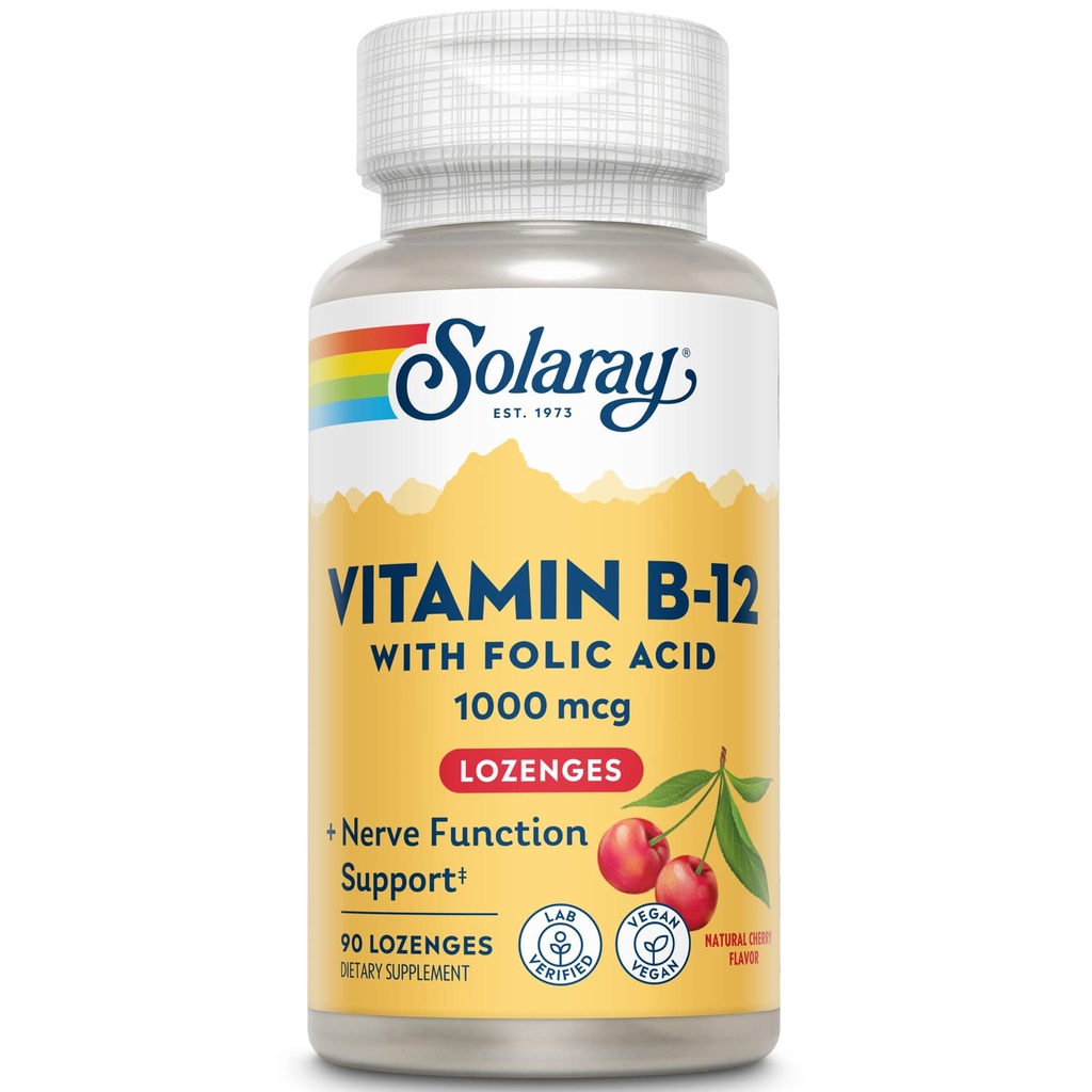 SOLARAY Vitamin B-12 1000mcg Lozenges with Folic Acid | 천연 체리 맛 | 건강한 에너지 지원 | 90CT